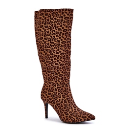 STEPHAN Brown Insulated boots made of eco-suede with a leopard print heel 3