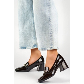 Women's leather high-heeled shoes with decoration, black 24-58242B 2