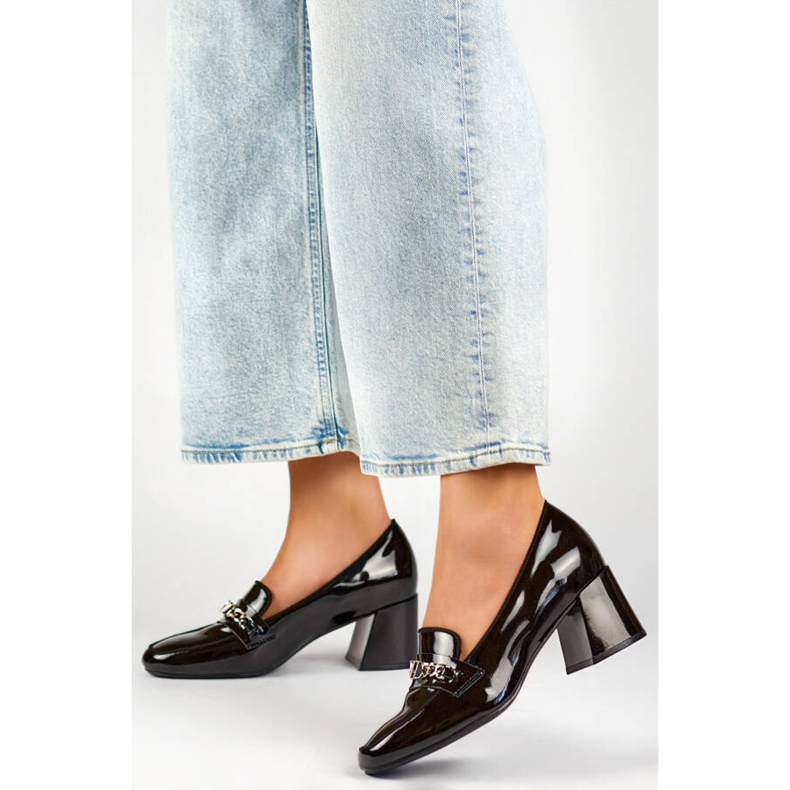 Women's leather high-heeled shoes with decoration, black 24-58242B 2