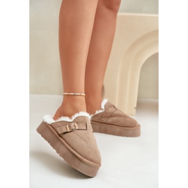 Women's slippers on a thick sole with fur and a buckle, dark beige Linneola 2