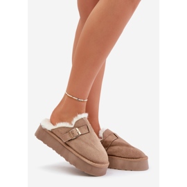 Women's slippers on a thick sole with fur and a buckle, dark beige Linneola 1