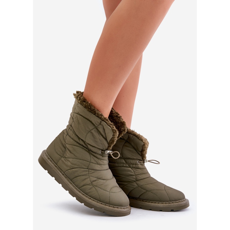 Women's Snow Boots With Drawstring Insulated With Fur Sheepskin Dark Green Vamidra 1