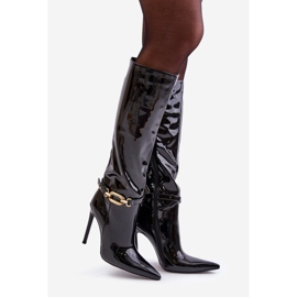 Black Tistaria patent stiletto boots with gold decoration 1