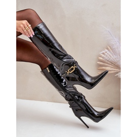 Black Tistaria patent stiletto boots with gold decoration 2