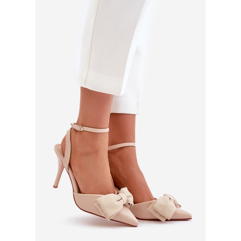Eco Leather High Heels with a Bow, Beige Volamia 1