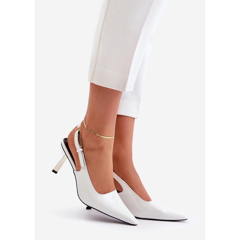 White Filona patent high heels with an open heel 1