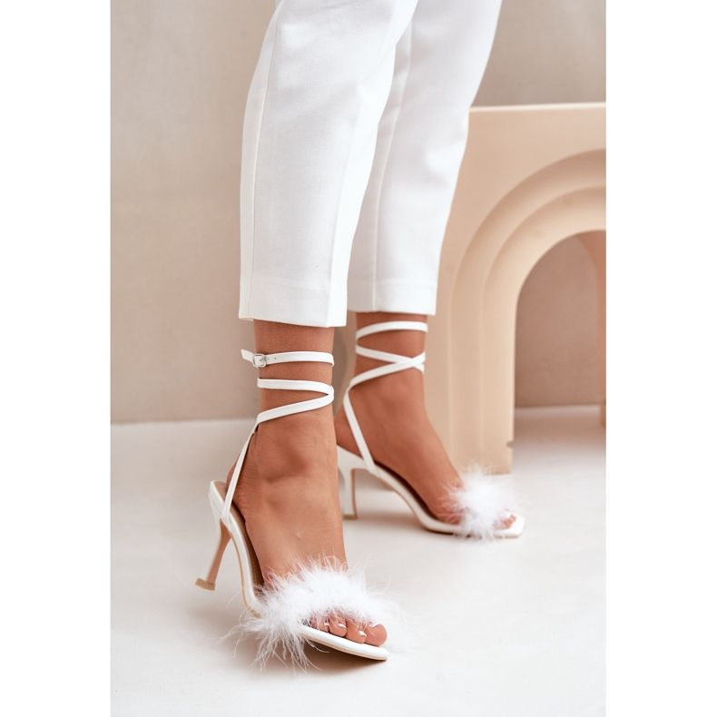 White Emilettra High Heel Sandals With Feathers 2
