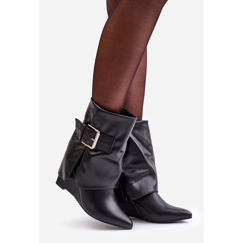 Black Vortinia Wedge Ankle Boots With Turned Up Upper and Buckle 1