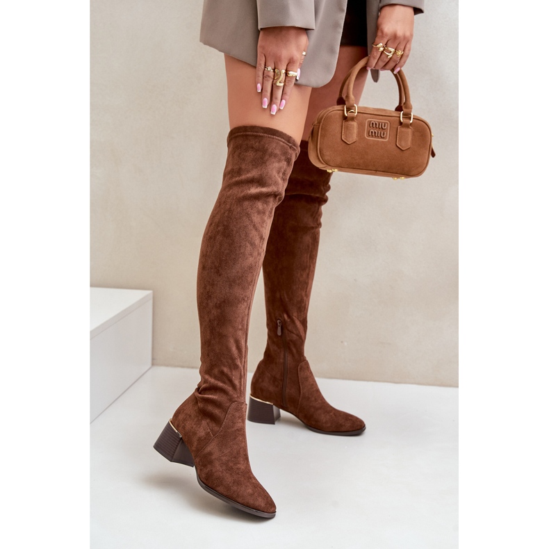 Over-the-knee block-high boots made of eco-suede, Brown Galadi 2