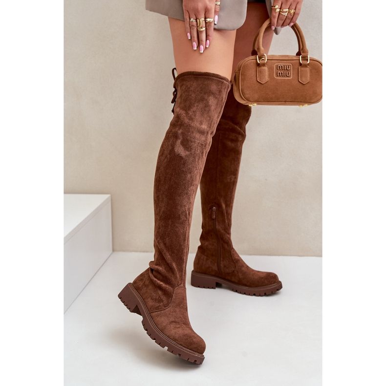 Over-the-knee boots with a flat heel made of eco-suede, brown Arkelia 2