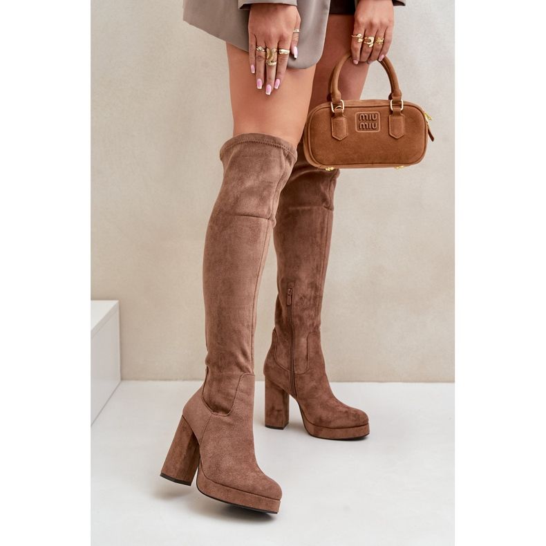 High Heel and Platform Boots with Over-the-Knee Uppers, Eco Suede Dark Beige Zistaria 2