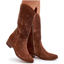 Zazoo 3305/P Suede Mid-Calf Boots Openwork Brown 4