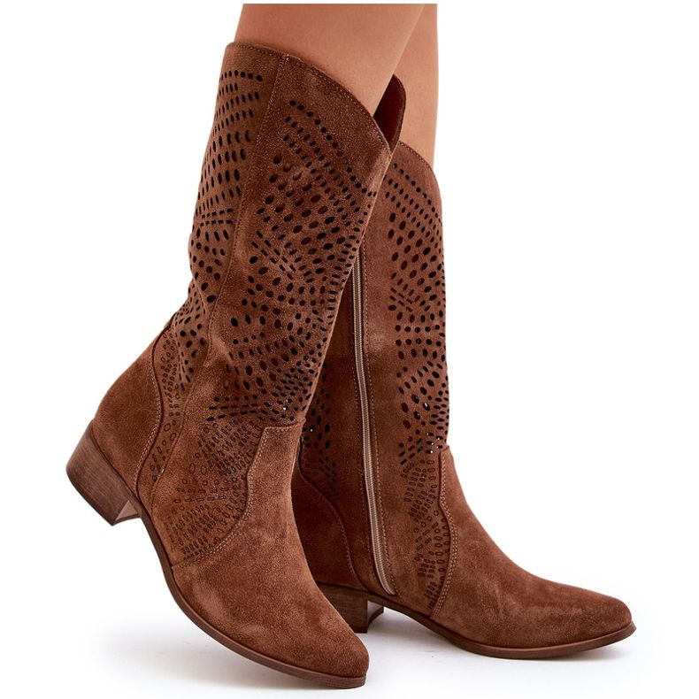 Zazoo 3305/P Suede Mid-Calf Boots Openwork Brown 4