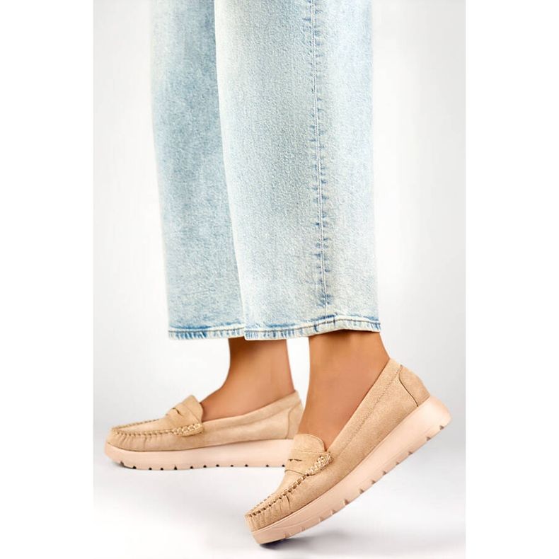 Women's moccasins with a thick sole, beige suede 24-21338BE 2