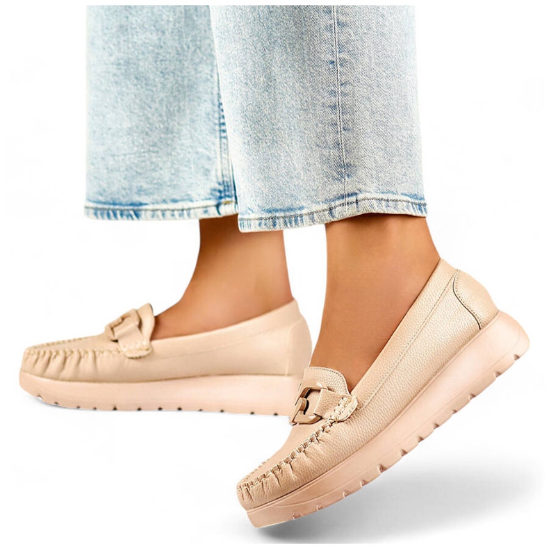 Beige women's moccasins made of eco-leather on a platform, leather insole 1