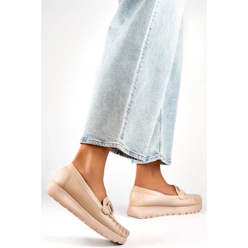 Beige women's moccasins made of eco-leather on a platform, leather insole 2