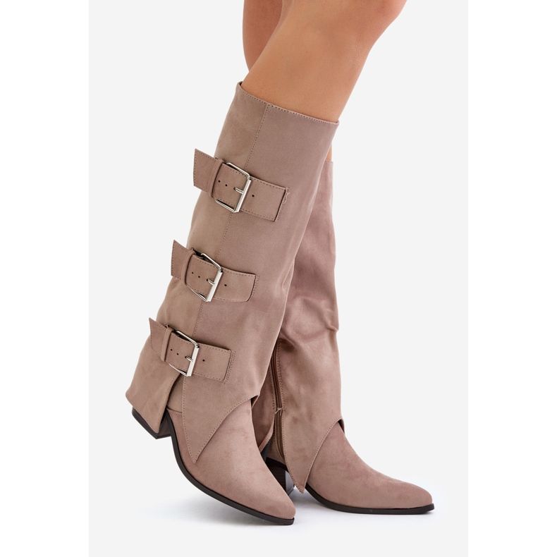 Beige High Heel Boots With Turned Up Uppers and Buckles, Beige Vmissa 1