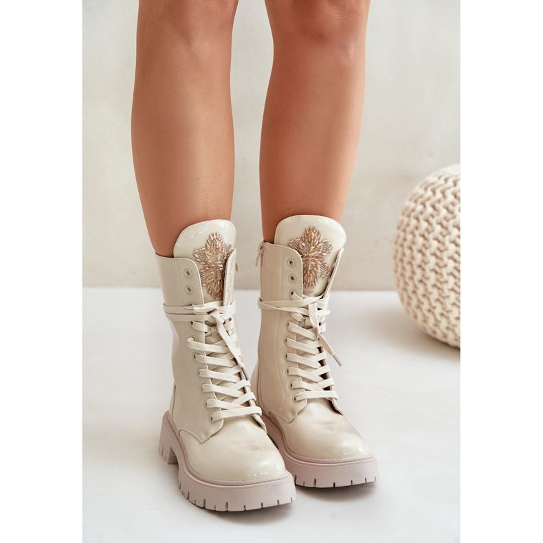 Patent Insulated Worker Ankle Boots With Beige Decoration Kelilea 1