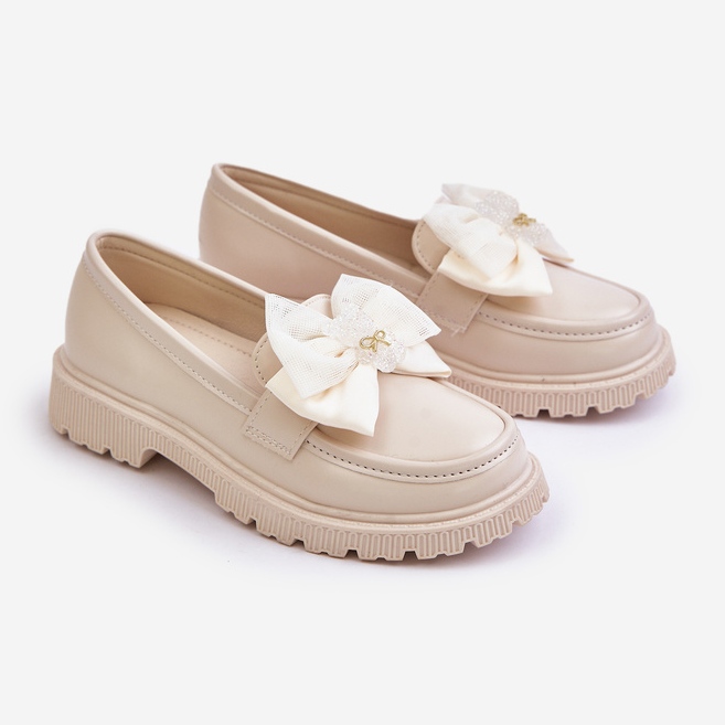 Vinceza Girls' Beige Eco Leather Moccasins With Bow Avallesa 1