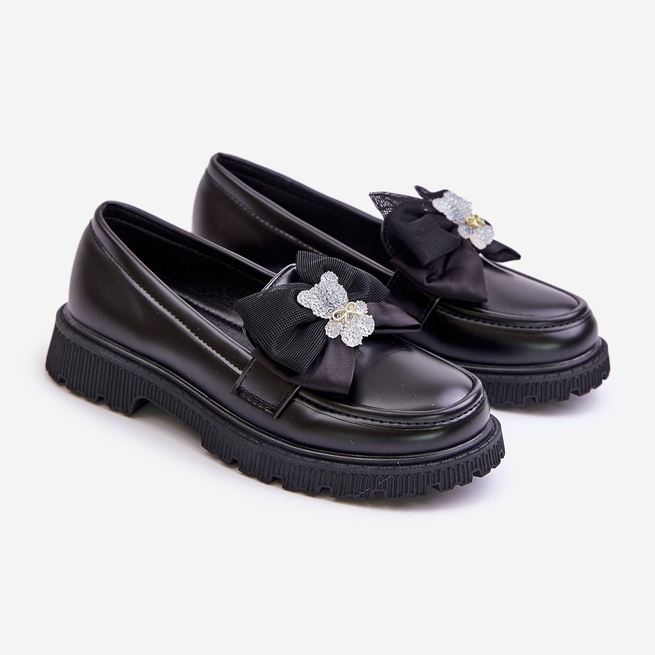 Vinceza Girls' Eco Leather Moccasins With Bow, Black Avallesa 1 Vinceza Girls' Eco Leather Moccasins With Bow, Black Avallesa 1