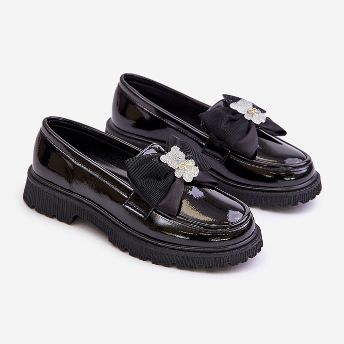 Vinceza Lacquered Eco Leather Girls' Moccasins With Bow, Black Avallesa 1
