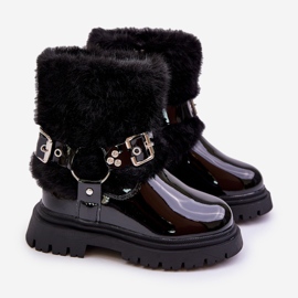 Patent leather girls' ankle boots with fur and buckles, Black Cartemes 1 Patent leather girls' ankle boots with fur and buckles, Black Cartemes 1