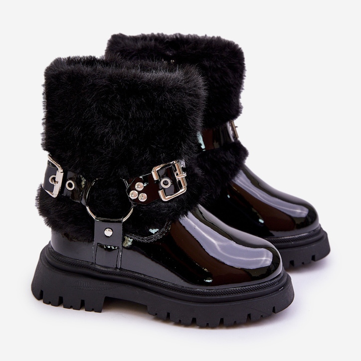 Patent leather girls' ankle boots with fur and buckles, Black Cartemes 1 Patent leather girls' ankle boots with fur and buckles, Black Cartemes 1