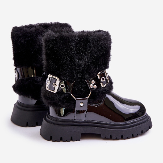 Patent leather girls' ankle boots with fur and buckles, Black Cartemes 2 Patent leather girls' ankle boots with fur and buckles, Black Cartemes 2