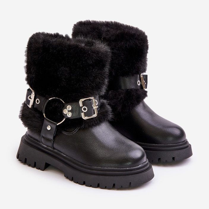 Eco Leather Girls' Boots with Fur and Buckles, Black Cartemes 1 Eco Leather Girls' Boots with Fur and Buckles, Black Cartemes 1