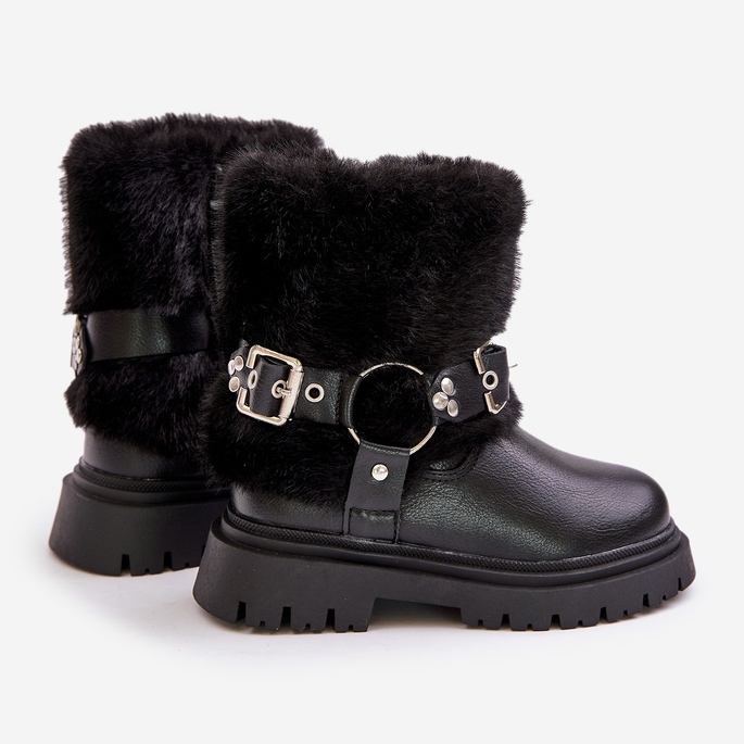 Eco Leather Girls' Boots with Fur and Buckles, Black Cartemes 2 Eco Leather Girls' Boots with Fur and Buckles, Black Cartemes 2