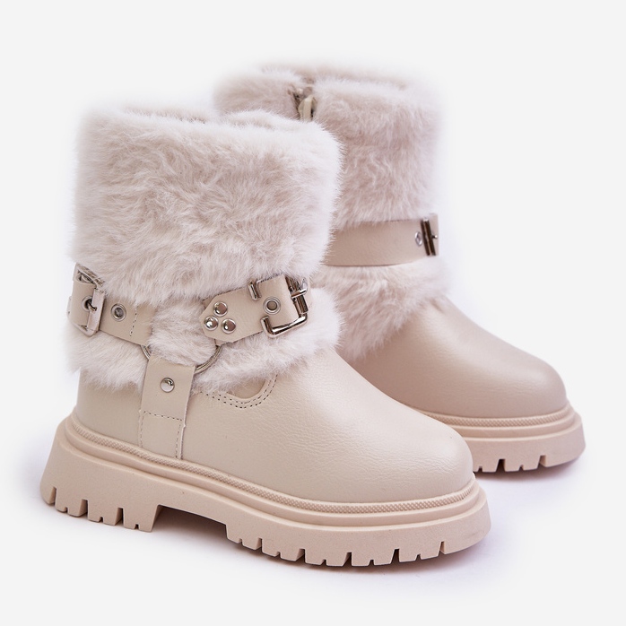 Eco Leather Girls' Ankle Boots With Fur And Buckles, Beige Cartemes 1