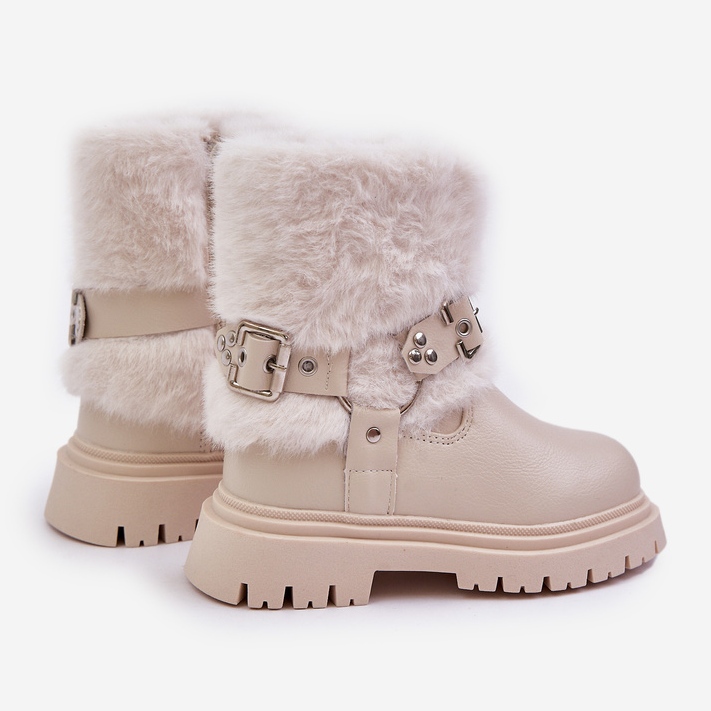 Eco Leather Girls' Ankle Boots With Fur And Buckles, Beige Cartemes 2