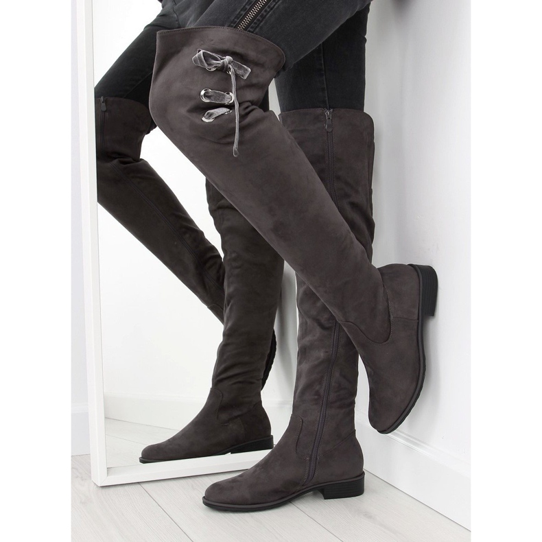 Over-the-knee boots with a gray and gray velor ribbon grey 1