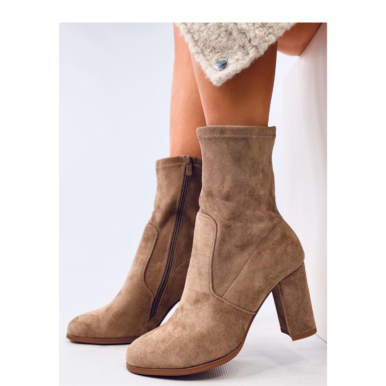 Taupe suede high-heeled ankle boots beige 1