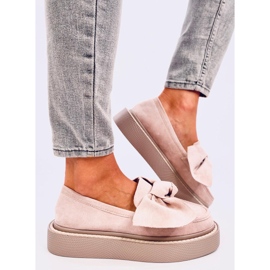 Women's suede moccasins with a bow, pink 1