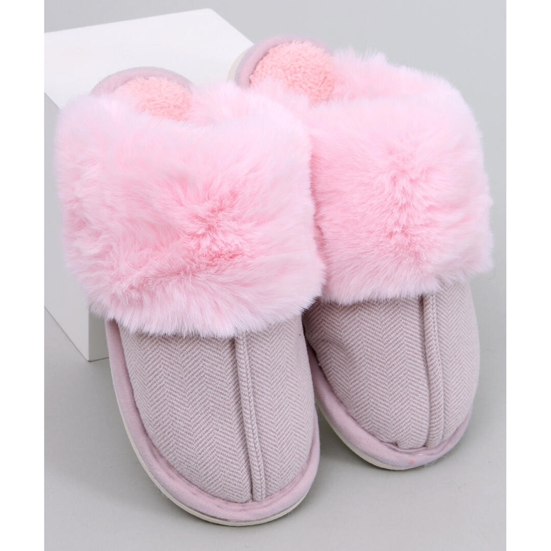 Allens Light Pink Herringbone Slippers with Fur 2