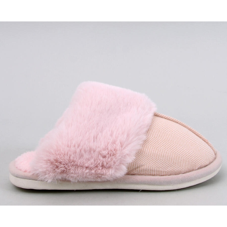 Allens Powder Pink herringbone slippers with fur 1