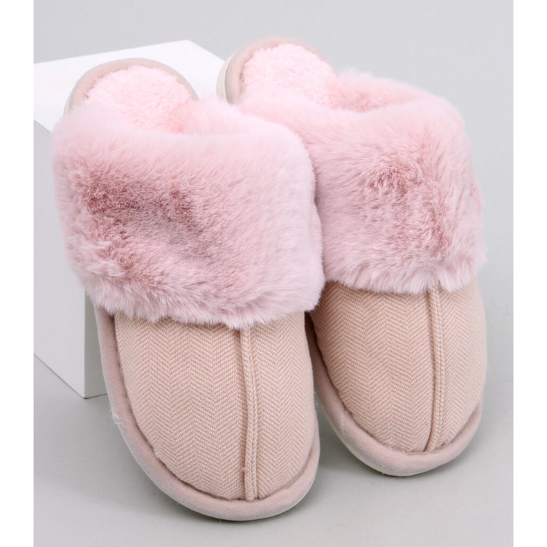 Allens Powder Pink herringbone slippers with fur 2