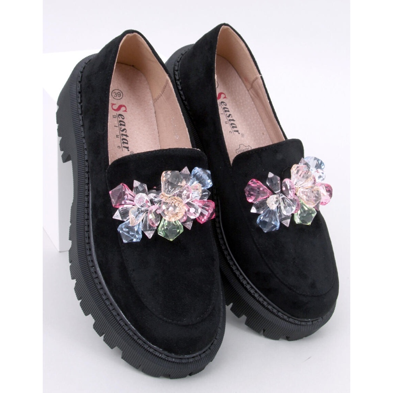 Women's platform moccasins with stones, black 1
