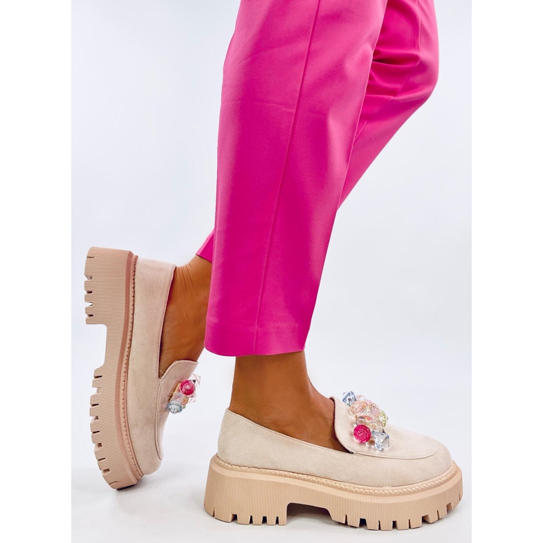 Women's platform moccasins with stones, beige 2
