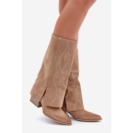 Suede Mid-Calf Boots With Turned Up Upper Heel Beige Zazoo 3487 1