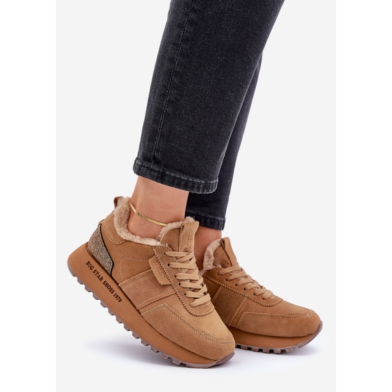 Women's Suede Sneakers With Fur and Shiny Element Big Star OO274578 Hi-Poly System Camel brown 1