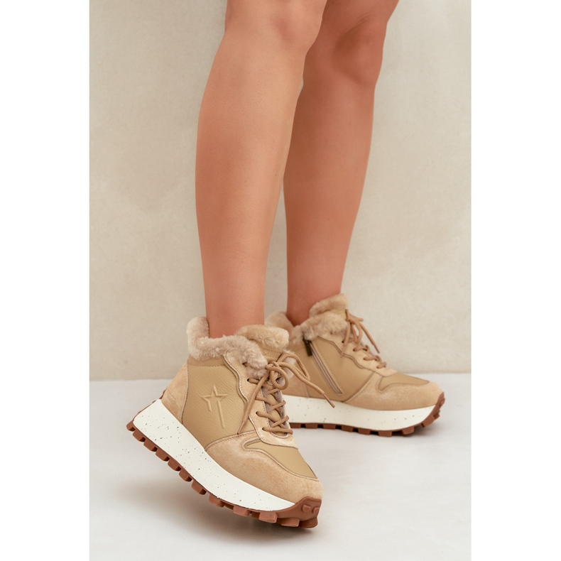 Women's Leather Trapper Sneakers With Fur On The Big Star Platform OO274A330 Beige 2