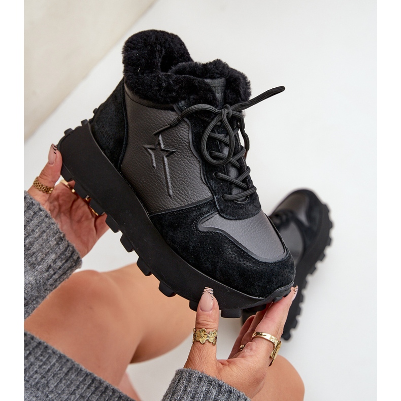 Women's Leather Trapper Sneakers With Fur On The Big Star Platform OO274A329 Black 2