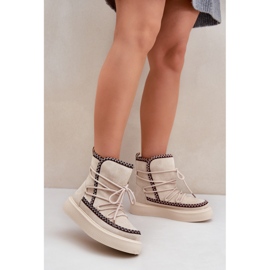 Women's snow boots with embroidery on the platform, light beige 2