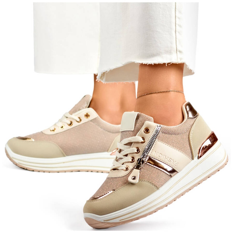 Women's sports shoes, beige glitter sneakers 9053-SP-BE 1