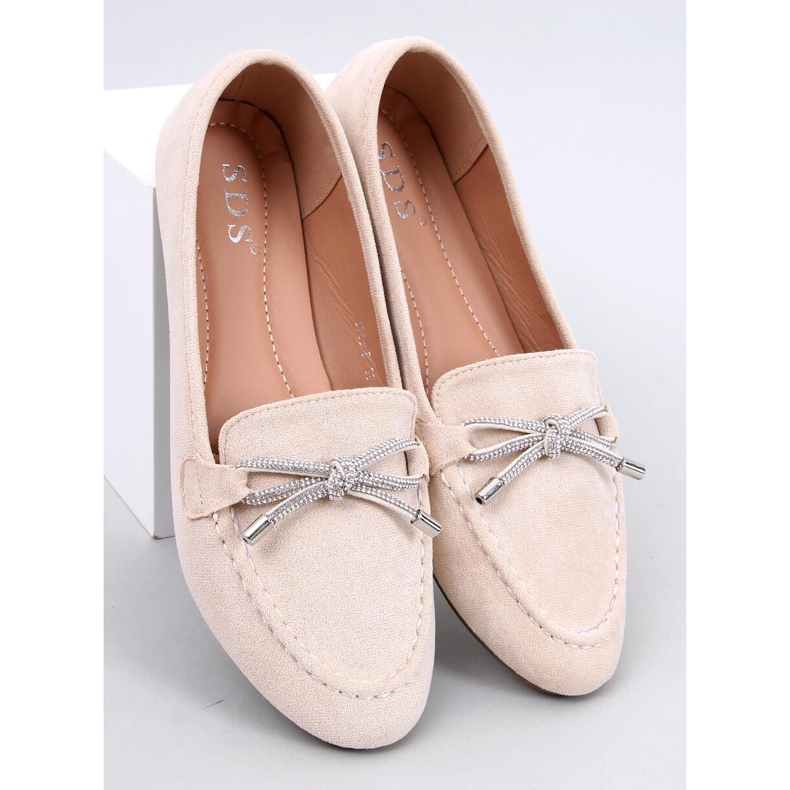 Women's suede moccasins with a bow, beige 1