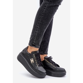 Natural Leather Sneakers on the Platform Gold Decoration Lewski 3428 Black 1