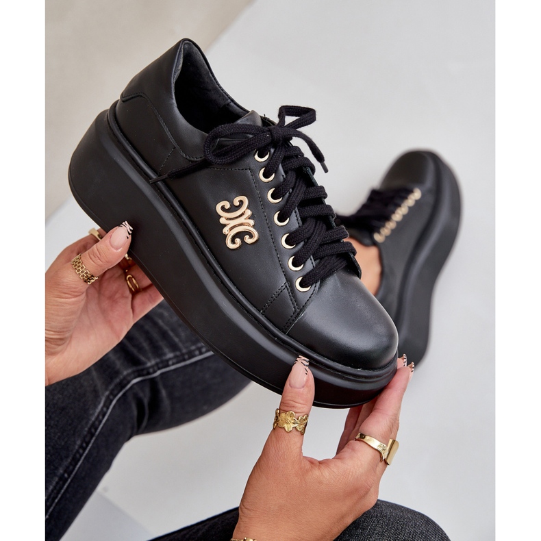 Natural Leather Sneakers on the Platform Gold Decoration Lewski 3428 Black 2