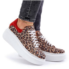 Zazoo Leopard Leopard Leather Platform Sneakers 3346 Brown-Red 10